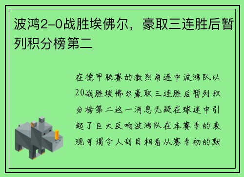 波鸿2-0战胜埃佛尔，豪取三连胜后暂列积分榜第二